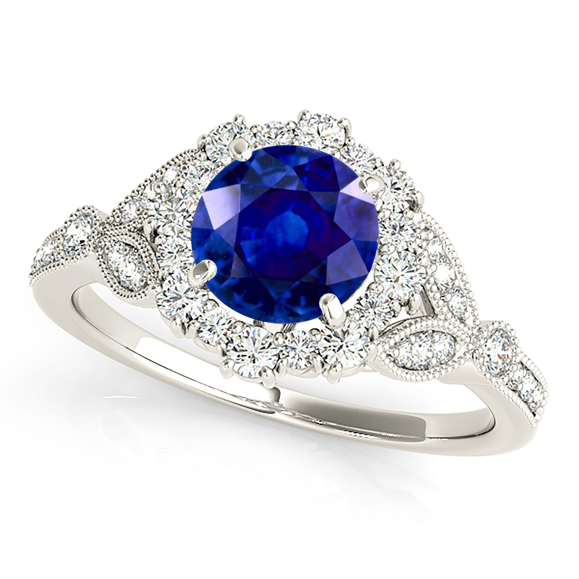 1.35 ct. Genuine Blue Sapphire Halo Milgrain Flower Ring  Custom Engagement Rings