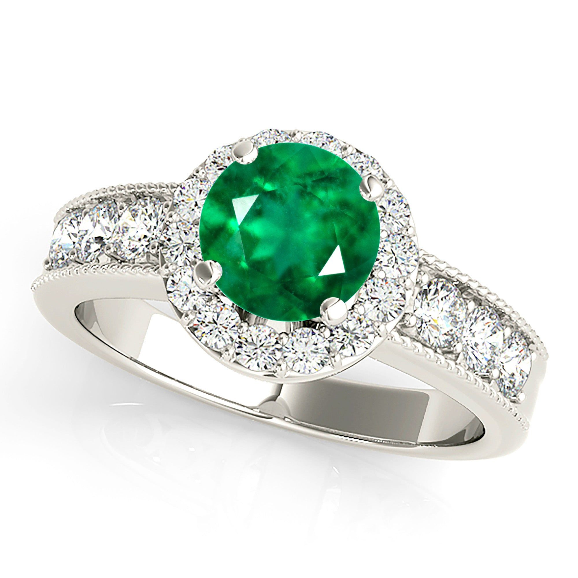 1.15 ct. Genuine Emerald Ring With Halo, Milgrain Design Diamond Band  Design Engagement Ring Online