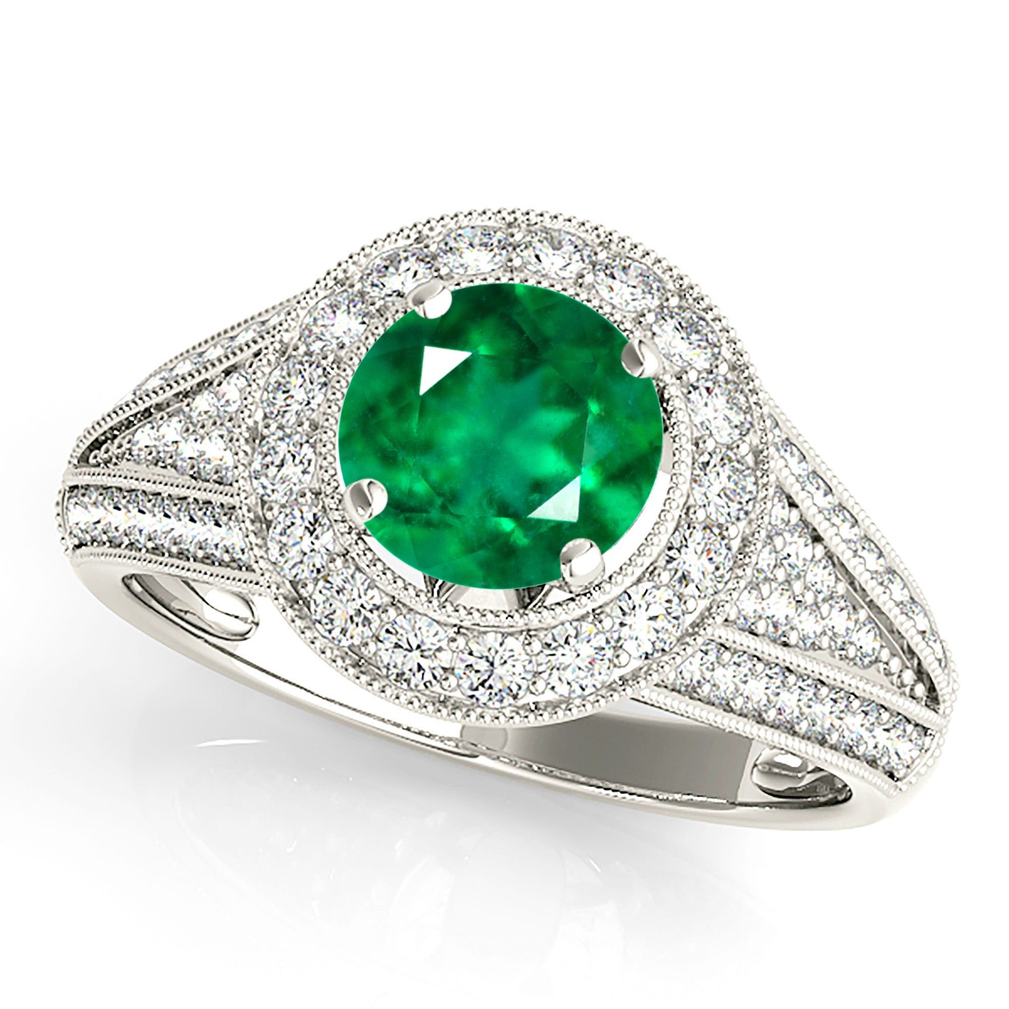 1.15 ct. Genuine Emerald Ring With Milgrain Halo and Wide Graduating Diamond Band  Design Engagement Ring Online