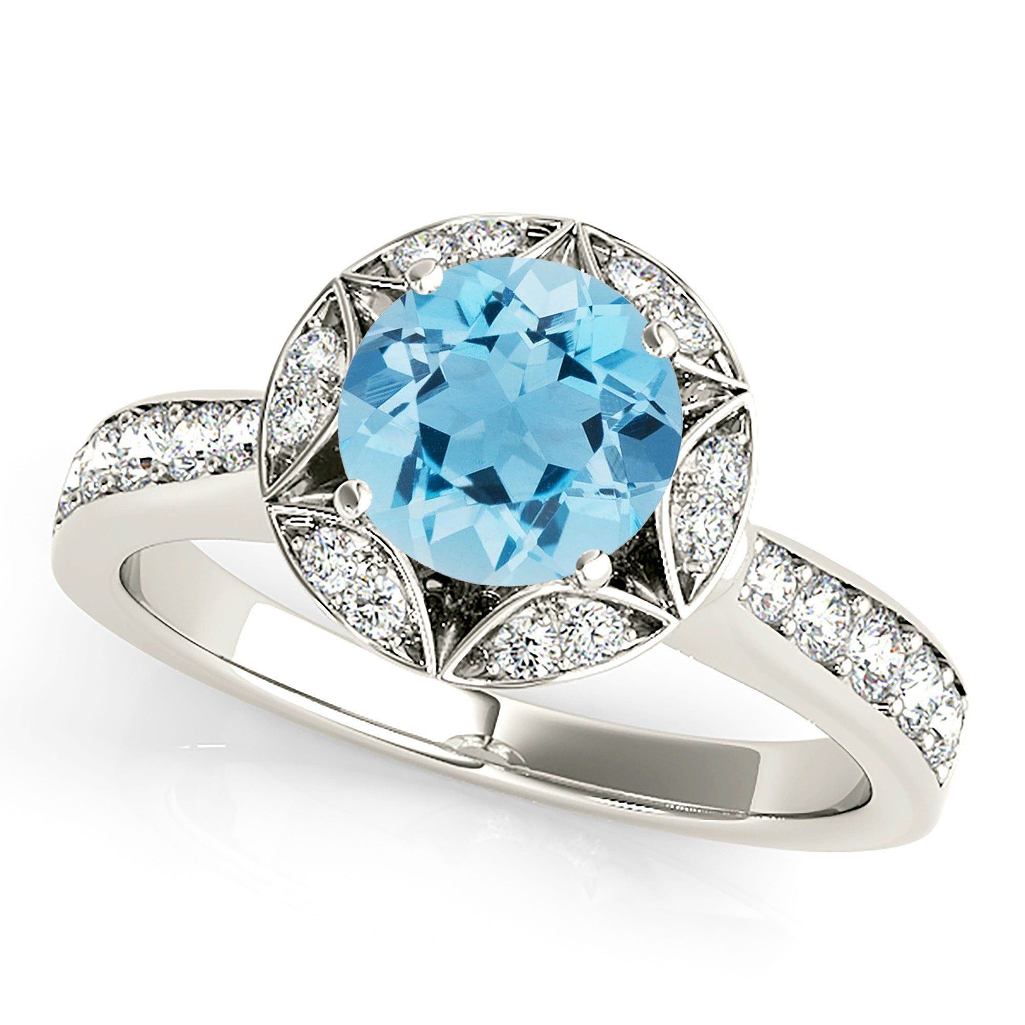 1.10 ct. Genuine Aquamarine Ring With Floral Halo  Custom Lab Grown Diamond Engagement Rings