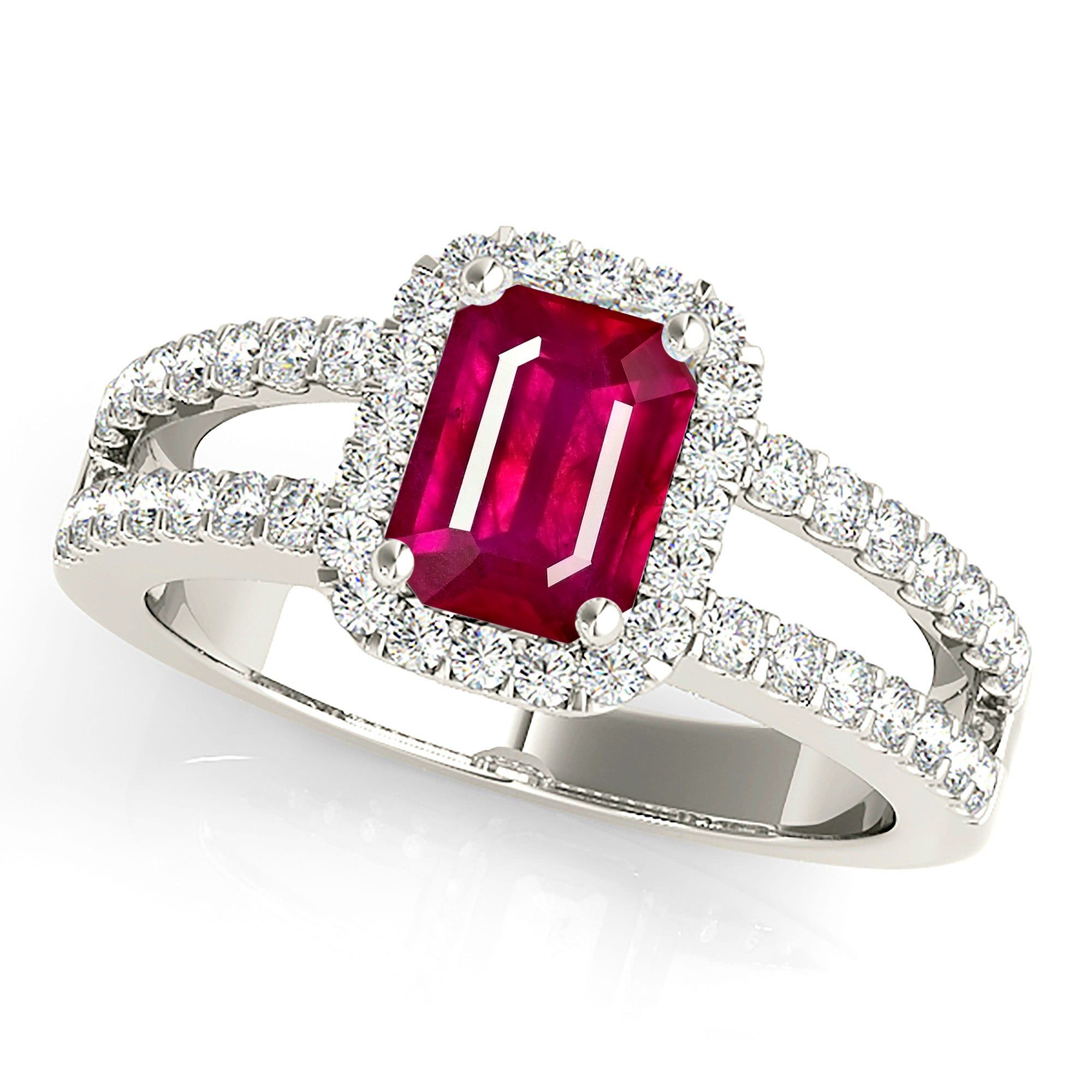 1.20 ct. Genuine Emerald Cut Ruby Ring With  Halo and Split Diamond Shank  Design Your Own Ring