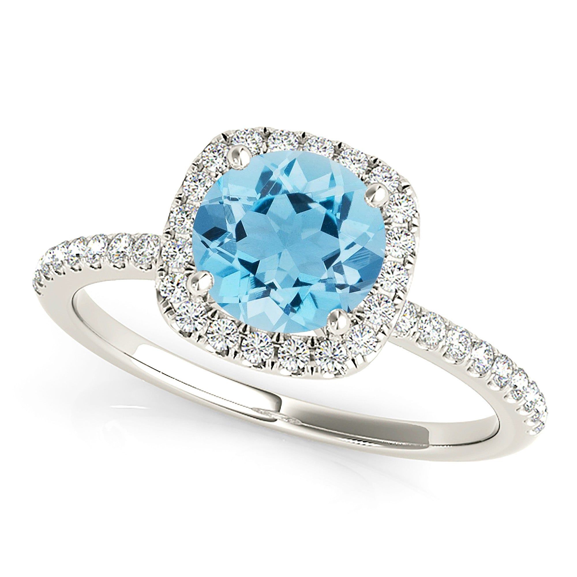 1.10 ct. Genuine Round Aquamarine Ring With Cushion Halo  Design Your Own Wedding Ring