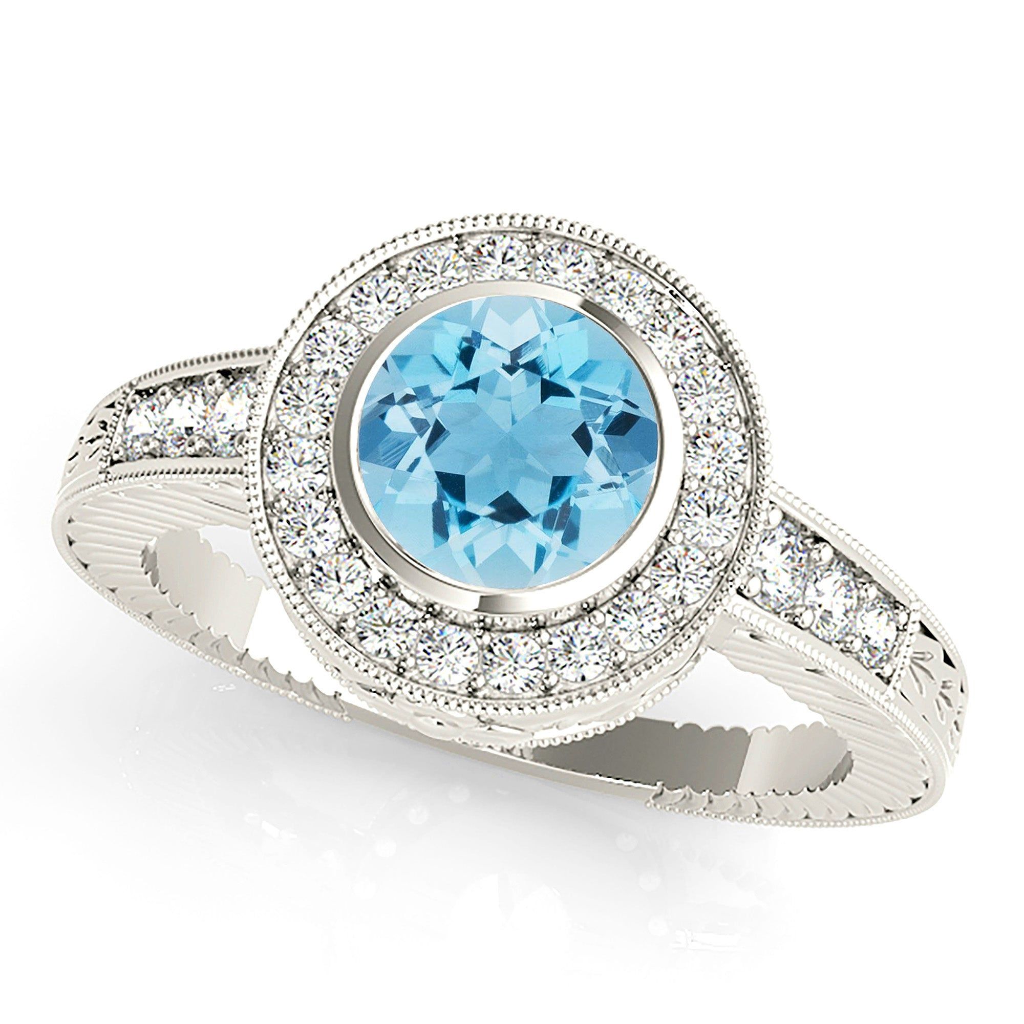 1.10 ct. Genuine Aquamarine Ring With Milgrain Halo And Filigree Design Diamond band   Design Your Own Ring Online