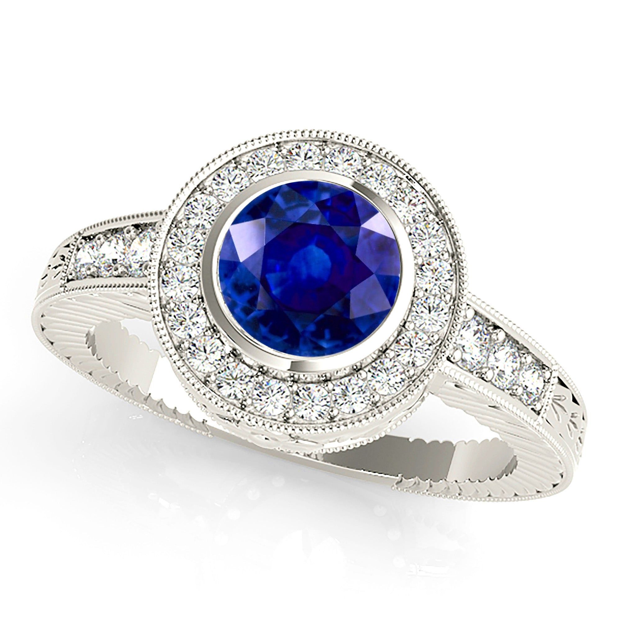 1.35 ct. Genuine Blue Sapphire Bezel Set Vintage Halo Ring  Custom Engagement Rings