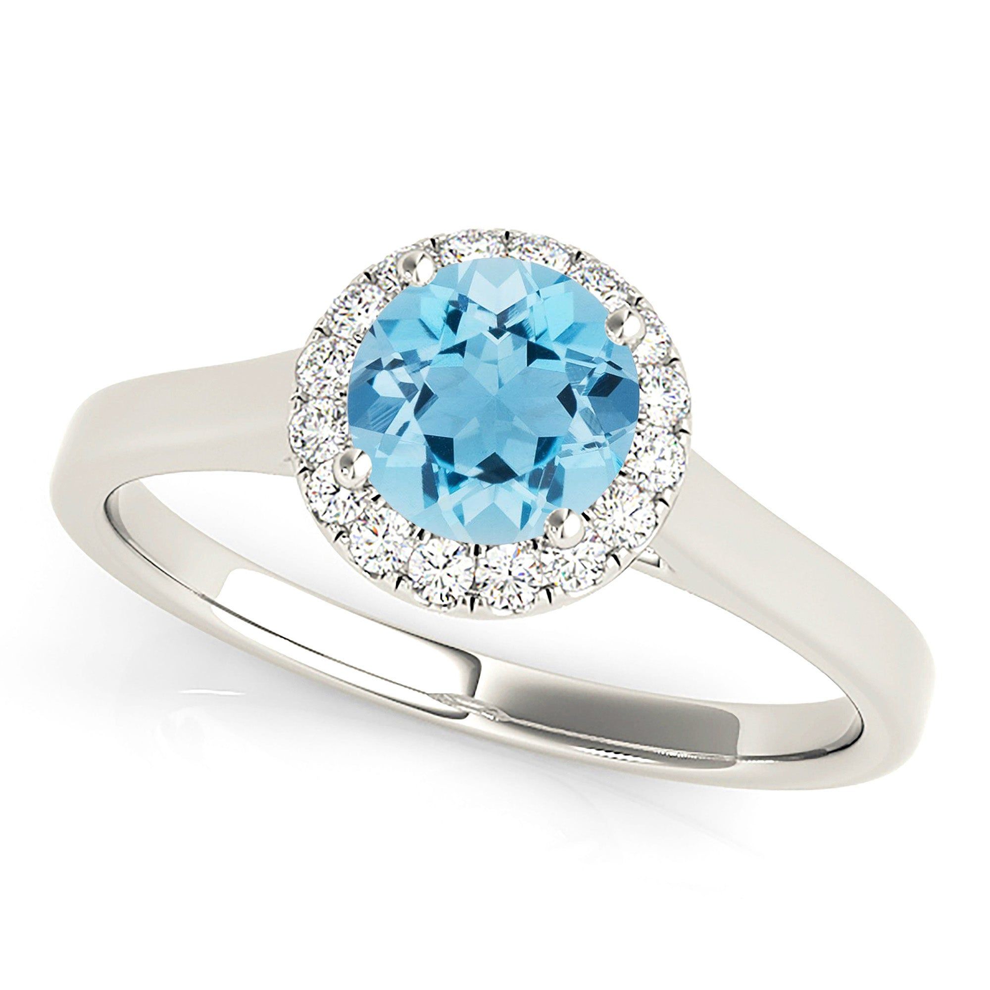 1.10 ct. Genuine Aquamarine Ring With Halo and Flat Solid Gold Band  Custom Moissanite Ring