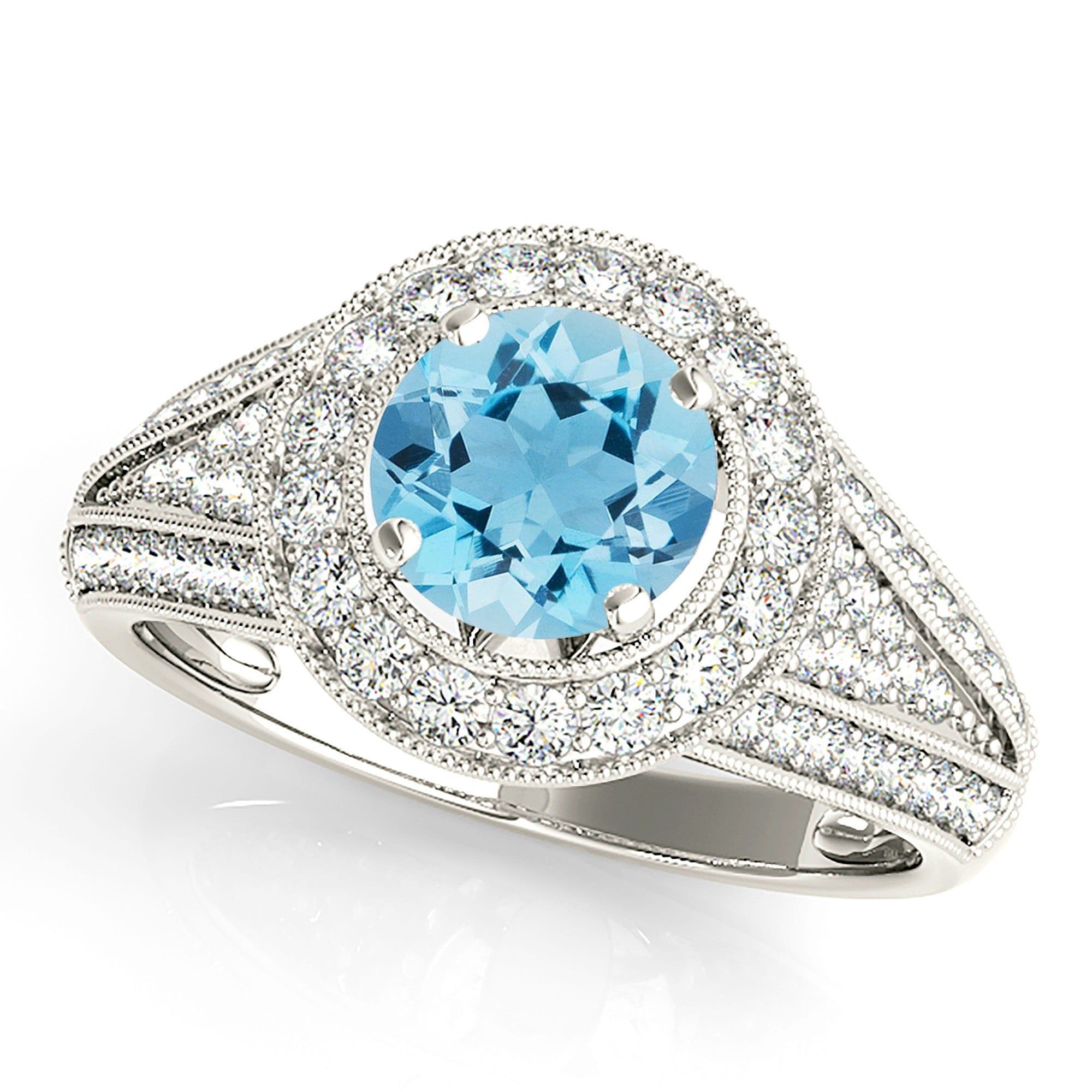 1.10 ct. Genuine Aquamarine Ring With Milgrain Halo And Graduating Diamond Shank   Design Your Own Ring Online