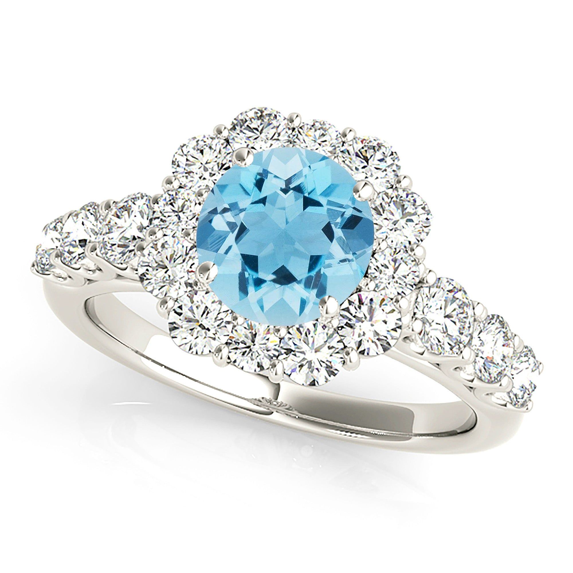 1.10 ct. Genuine Aquamarine Ring With  Floral Halo And Fancy Diamond Band  Custom Moissanite Engagement Rings