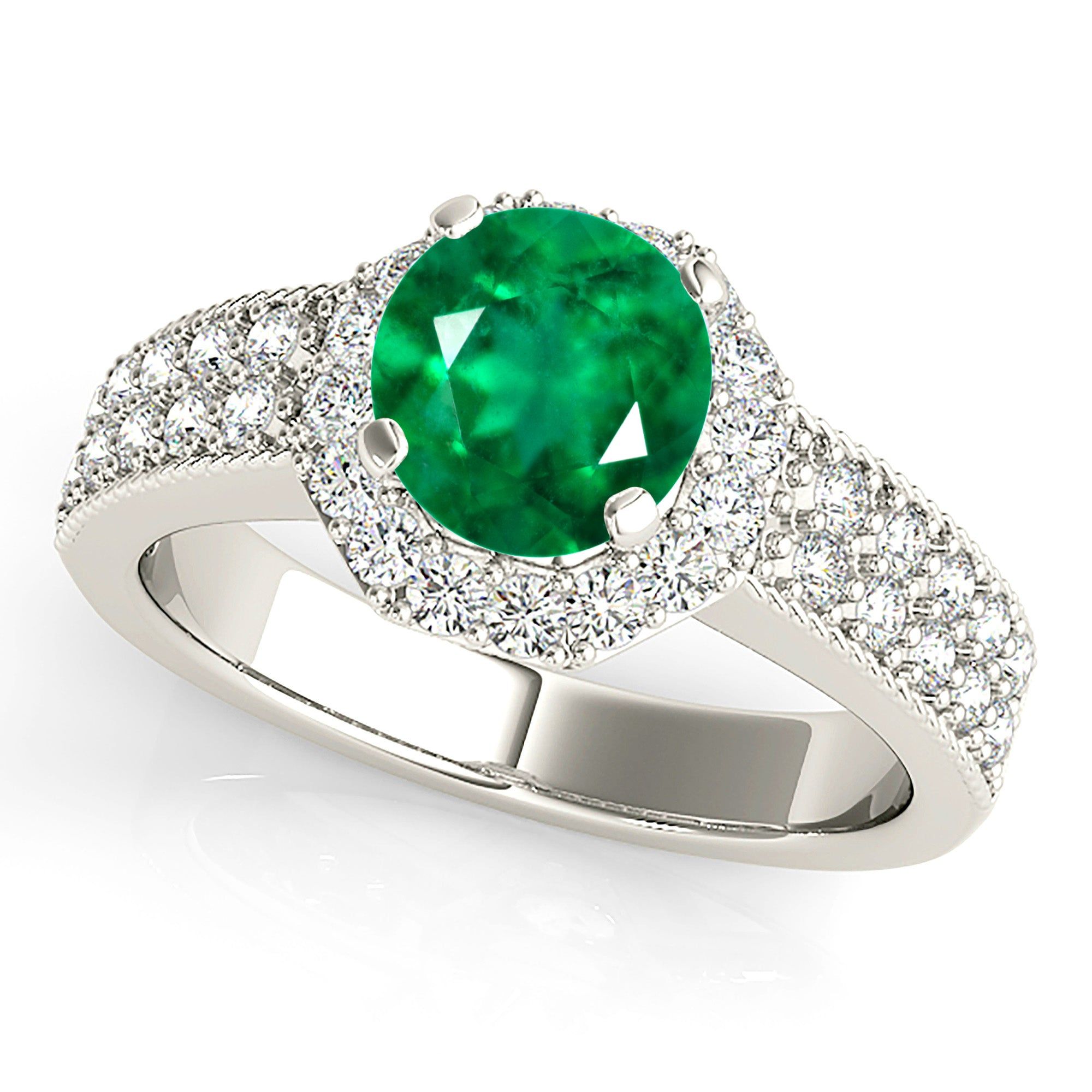 1.15 ct. Genuine Emerald Ring With Halo ,Double Row Diamond Band Custom Made Engagement Rings