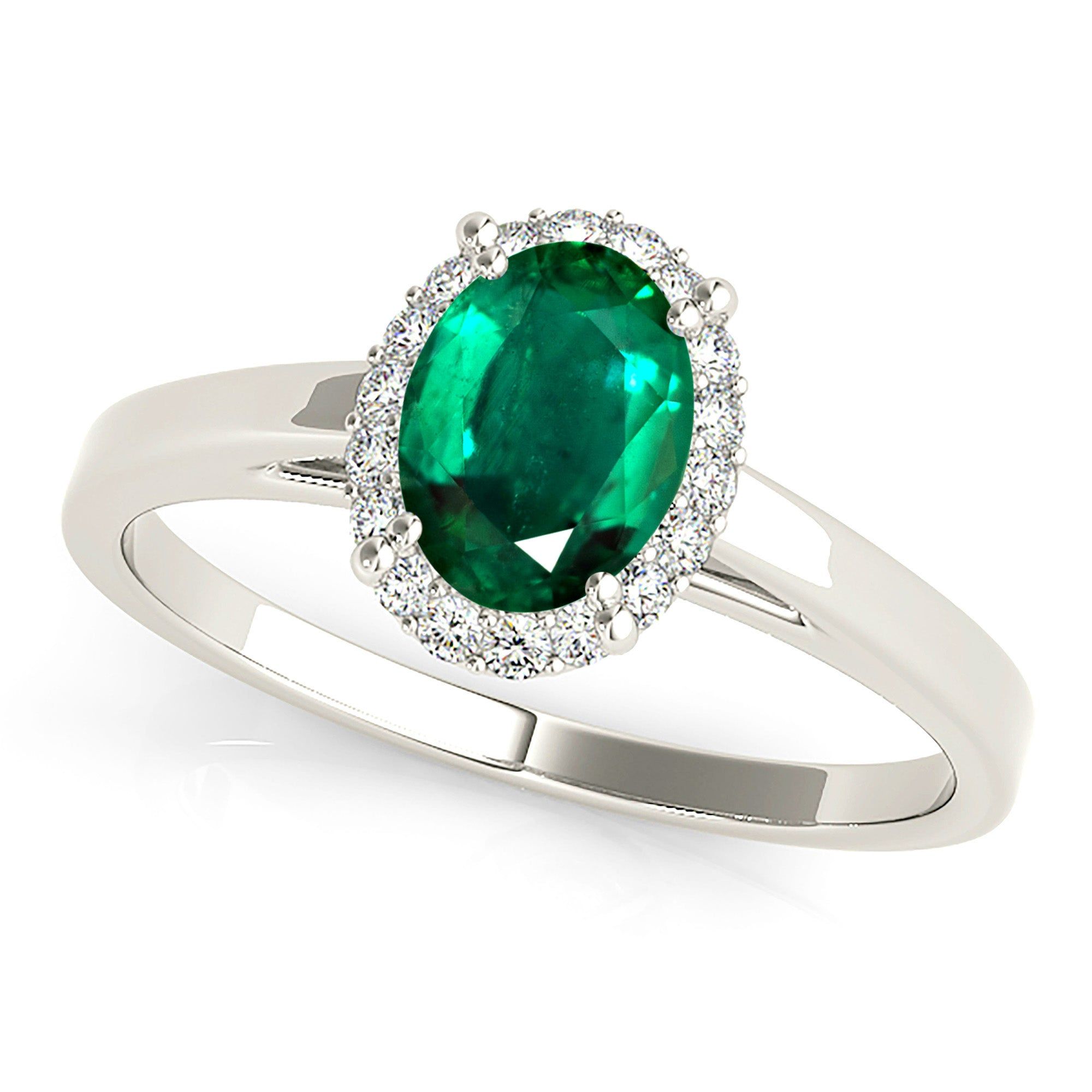 1.30 ct. Genuine Oval Emerald Ring With Halo,Plain Solitaire Band  Custom Bridal Jewelry