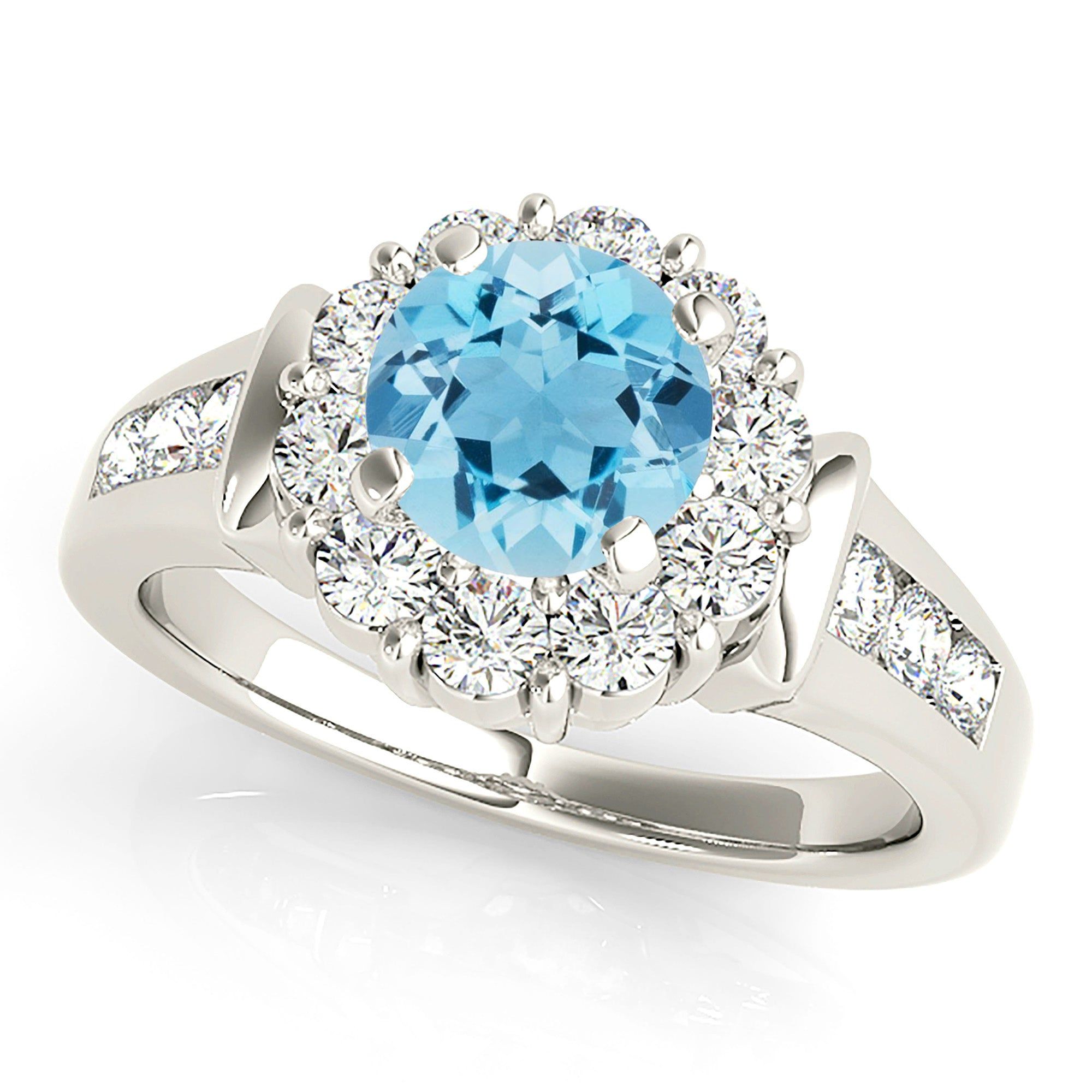 1.10 ct. Genuine Aquamarine Ring With Floral Halo , Wide Solid Gold and Diamond Band  Custom Diamond Rings