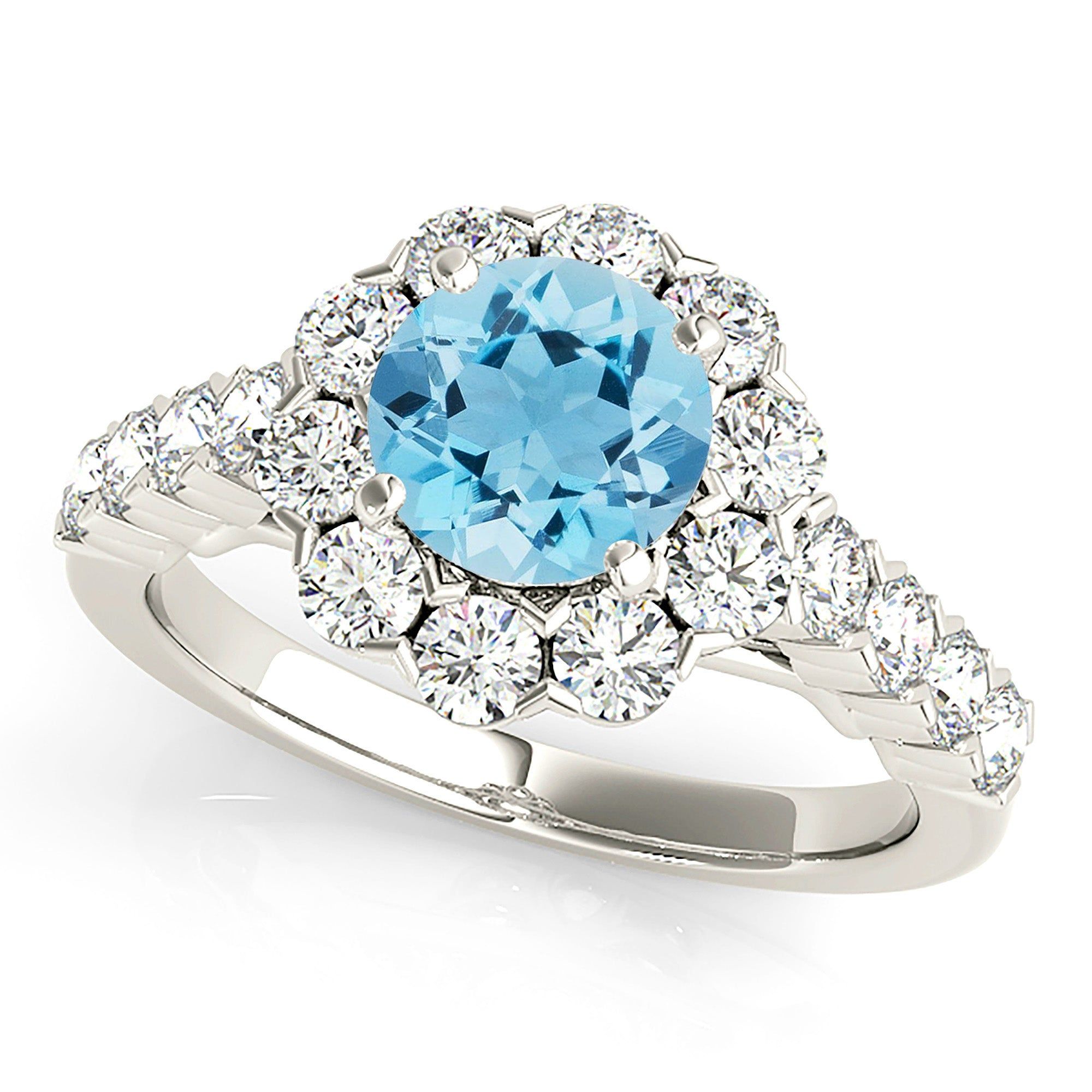 1.10 ct. Genuine Aquamarine Ring With Halo And Scalloped Diamond Band  Custom Moissanite Ring