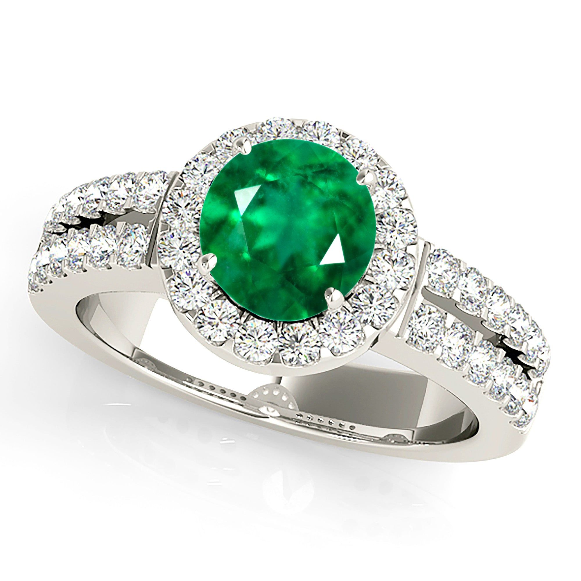 1.15 ct. Genuine Emerald Ring With Halo , Split Diamond Shank Custom Made Engagement Rings