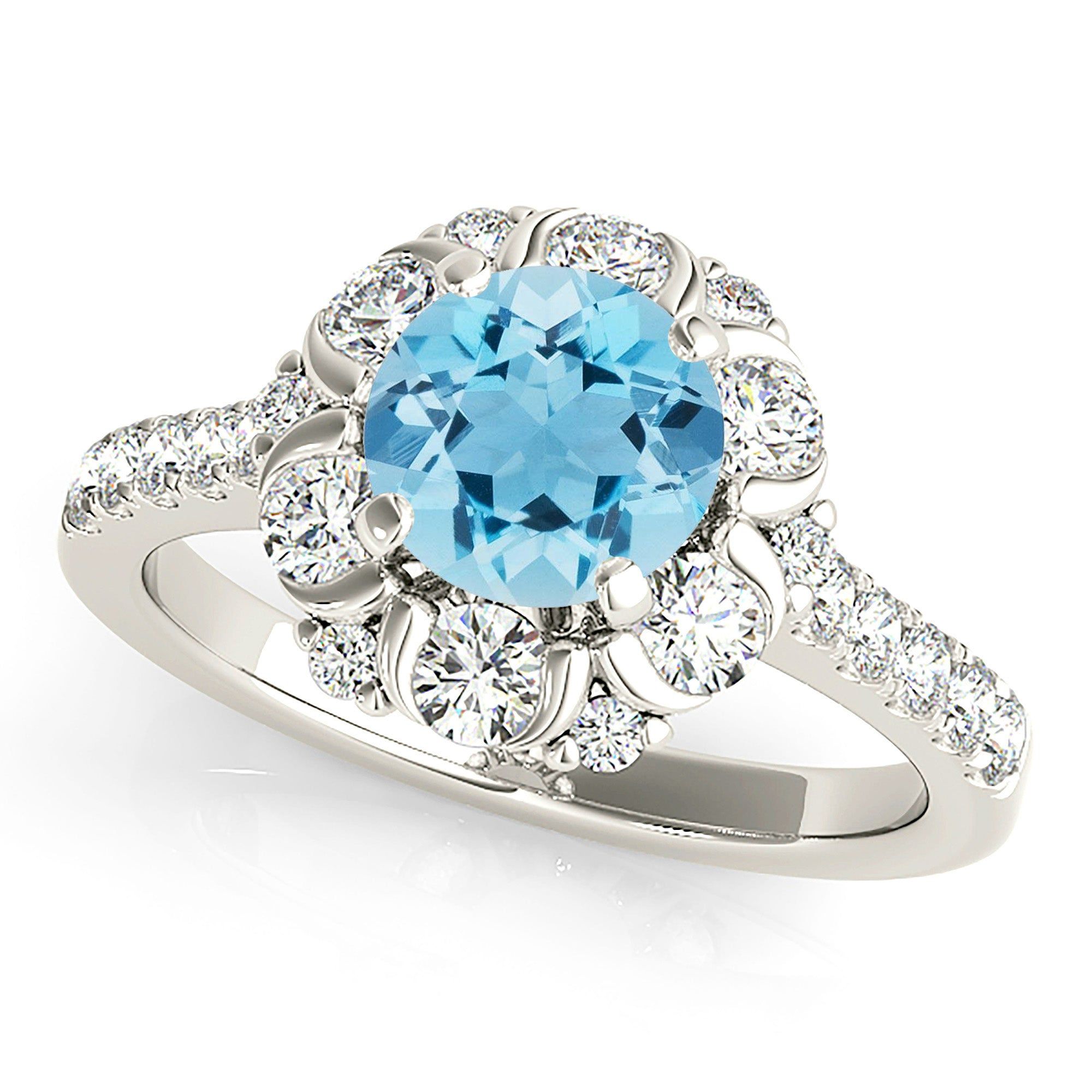 1.10 ct. Genuine Aquamarine Ring With Floral Halo, Fancy Diamond Basket  Custom Diamond Rings