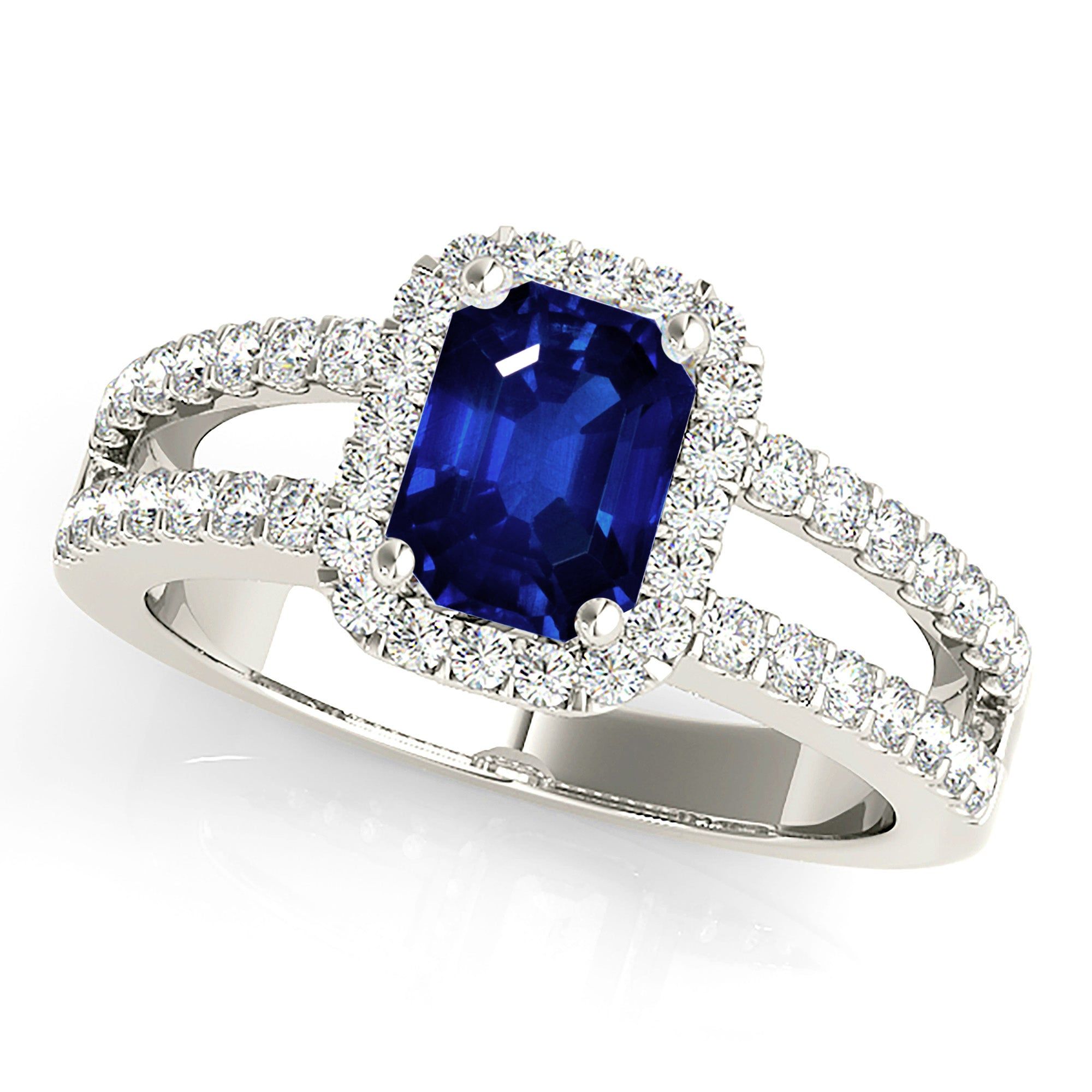 1.15 ct. Genuine Blue Emerald Cut Sapphire Ring With Halo  Bespoke Engagement Rings