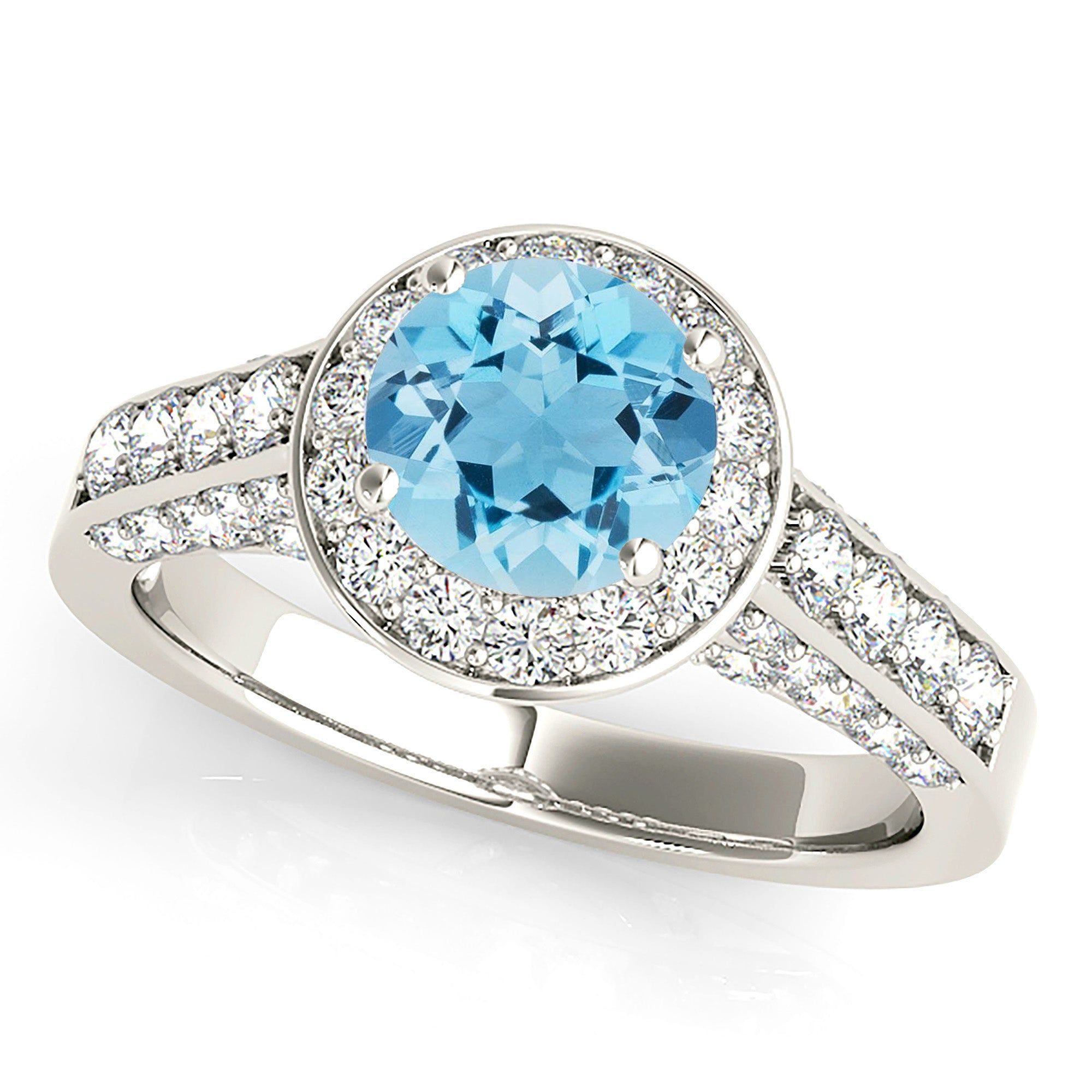 1.10 ct. Genuine Aquamarine Ring With Halo And 3D diamond Band  Custom Diamond Rings