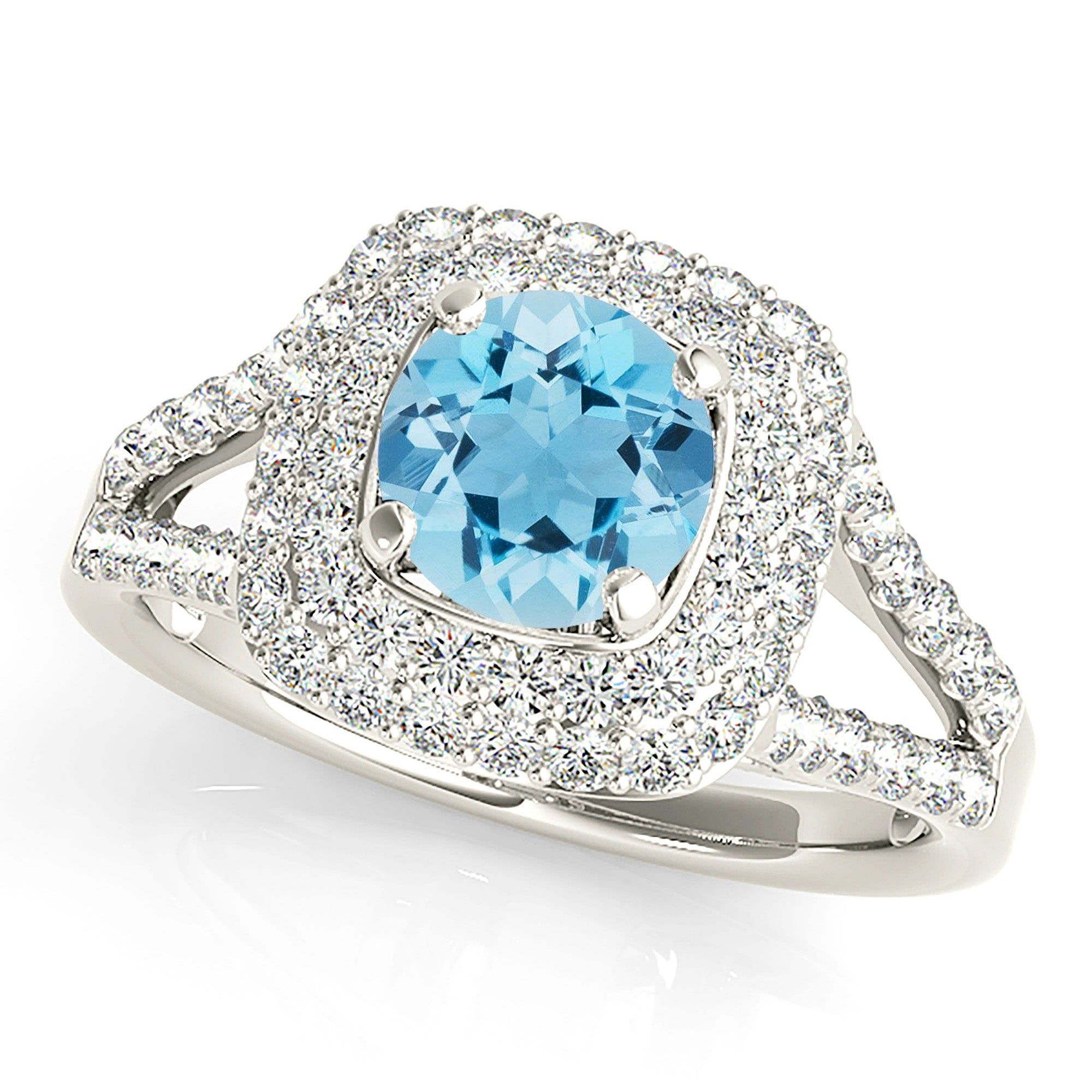 1.10 ct. Genuine Aquamarine Ring With Cushion Halo And Split Diamond Band