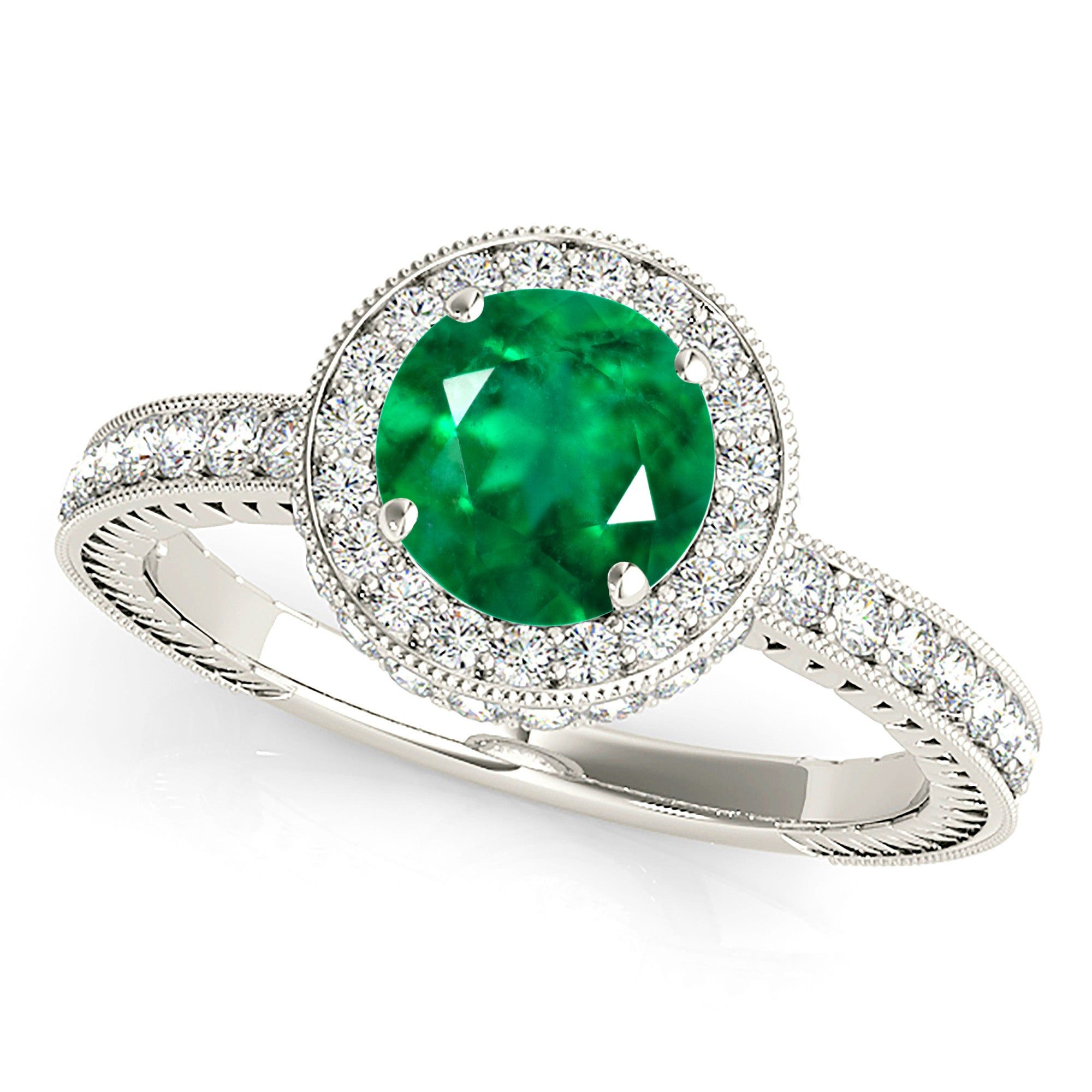 1.15 ct. Genuine Emerald and 0.50 ctw. Diamond Halo Gemstone Ring  Bespoke Engagement Rings