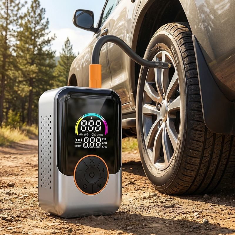 The upgraded portable car inflator combines a color screen, inflator, lighting function, and power bank in one. It stops automatically when fully inflated.