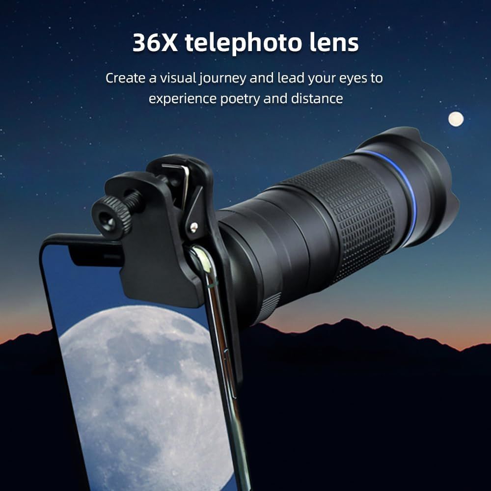 Mobile phone camera lens kit, with a universal tripod clip and a 36 X telephoto lens, suitable for optical zoom smartphone photography - compatible