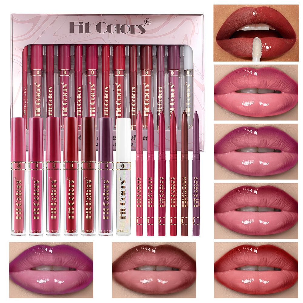 Fit Colors 6+7 Lip Gloss and Lip Liner Pencil Set, Matte, Non-Sticky Cup, Lip Contouring Pencil, Non-Fading Lip Glaze