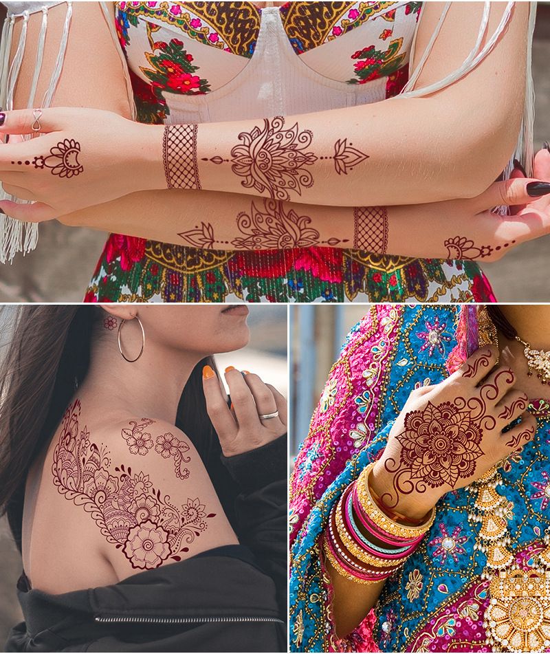 10-piece waterproof Henna Temporary Tattoos in Brown - Red Color with Lace Pattern from India