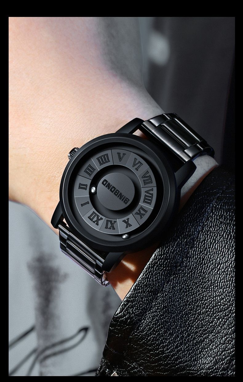 Binbang, an American brand. Men's black - tech watch with new - concept, personalized and creative design, featuring magnetic levitation and water - resistance.