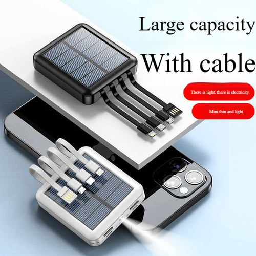Solar-Powered Portable Charger 20000mAh Compact and Portable with Built-in Cable High-Capacity Power Bank