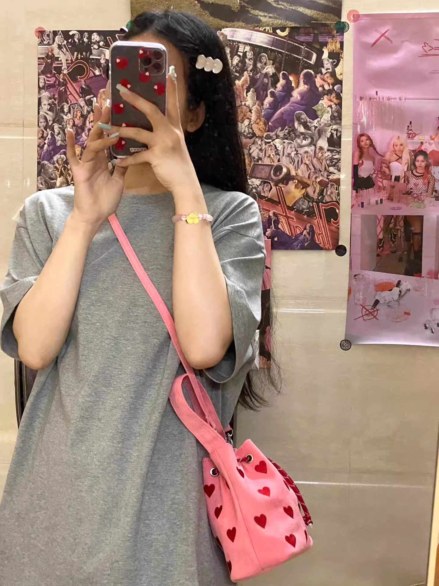 韓係小衆高級感愛心刺綉手提帆布包少女百搭通勤單肩斜挎包水桶包