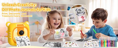 Children's camera instant printing 7 rolls of printing paper 2.4-inch screen instant camera, suitable for children aged 3-12, 1080P, 180 ° flip lens, 32GB TF card - Christmas and birthday gift suitable for boys and girls