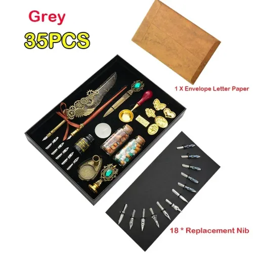 Classic Calligraphy Feather Pen Wax Ink Seal Stamp Set Vintage Wood Dip Pen 6Pcs Ink Bottles Gift for Students Adult Supplies