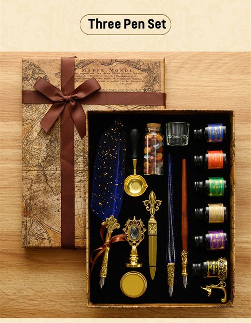 Classic Calligraphy Feather Pen Wax Ink Seal Stamp Set Vintage Wood Dip Pen 6Pcs Ink Bottles Gift for Students Adult Supplies