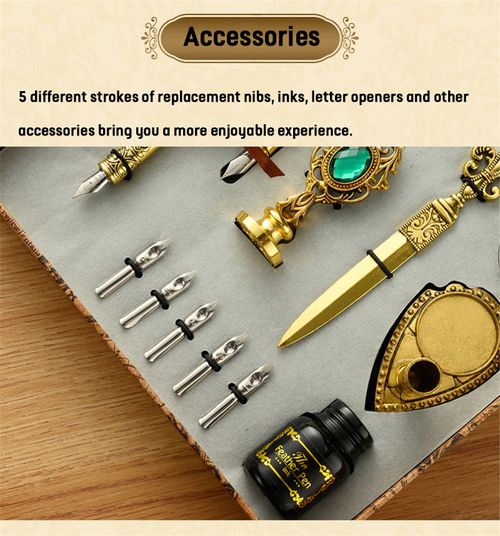 Classic Calligraphy Feather Pen Wax Ink Seal Stamp Set Vintage Wood Dip Pen 6Pcs Ink Bottles Gift for Students Adult Supplies