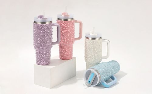New Pearl Diamond Insulated Cup - 40oz, With Handle, Portable for Car Use - Stainless Steel Insulated Cup, Water Bottle