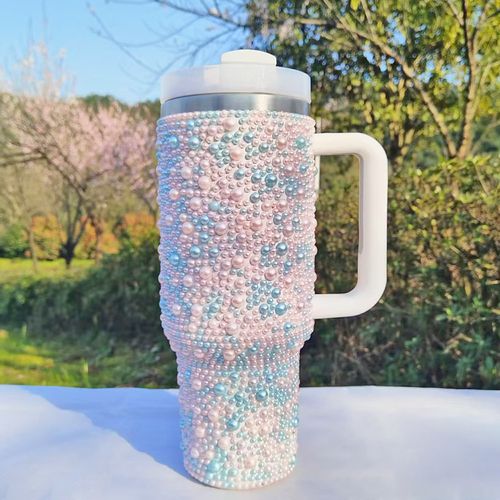 New Pearl Diamond Insulated Cup - 40oz, With Handle, Portable for Car Use - Stainless Steel Insulated Cup, Water Bottle