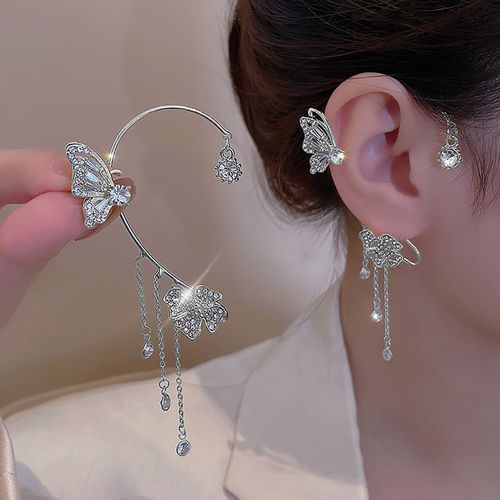 New long fringed ear pendant without ear holes - ultra-shiny, niche, ethereal fairy butterfly ear pendant with luxury diamond inlay (gold)