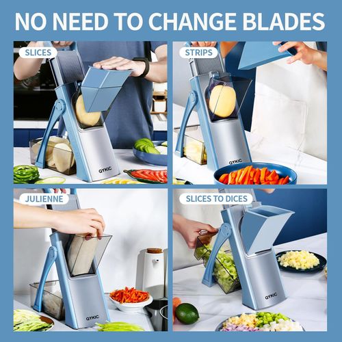 SupMaKin has upgraded the security Mandoline slicer Plus, an adjustable potato slicer, a vegetable shredder, a food slicer, a deep fryer knife, a vegetarian salad cutter, and a kitchen cutting tool. It is a gift (blue color).