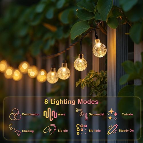 Outdoor solar light string 20FT 30 LED crystal spherical light string solar outdoor light strip with 8 lighting modes, courtyard pendant light suitable for garden, camping, and party decoration warm light
