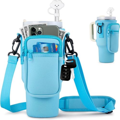 Water Bottle Carrier Bag with Phone Pocket for 40 oz Tumbler, Water Bottle Holder Pouch with Adjustable Strap Bollus for Cup(more choices of color)