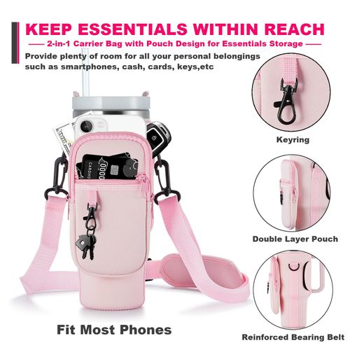Water Bottle Carrier Bag with Phone Pocket for 40 oz Tumbler, Water Bottle Holder Pouch with Adjustable Strap Bollus for Cup(more choices of color)