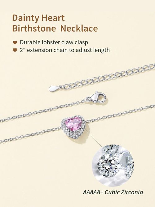 Exquisite heart-shaped birthstone necklace, suitable for mother, girl or lady. Platinum-plated square crystal zirconium pendant with a shining halo as a birthday, anniversary or Valentine's Day gift.