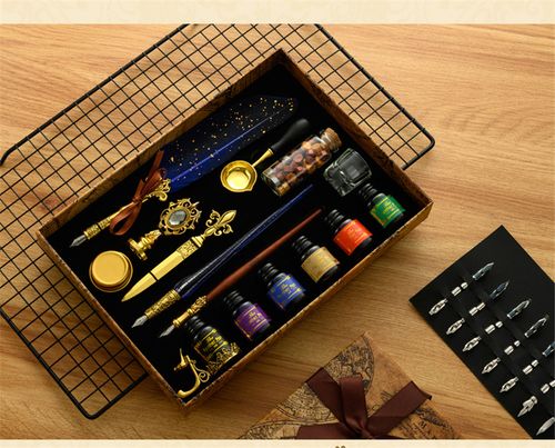 Classic Calligraphy Feather Pen Wax Ink Seal Stamp Set Vintage Wood Dip Pen 6Pcs Ink Bottles Gift for Students Adult Supplies