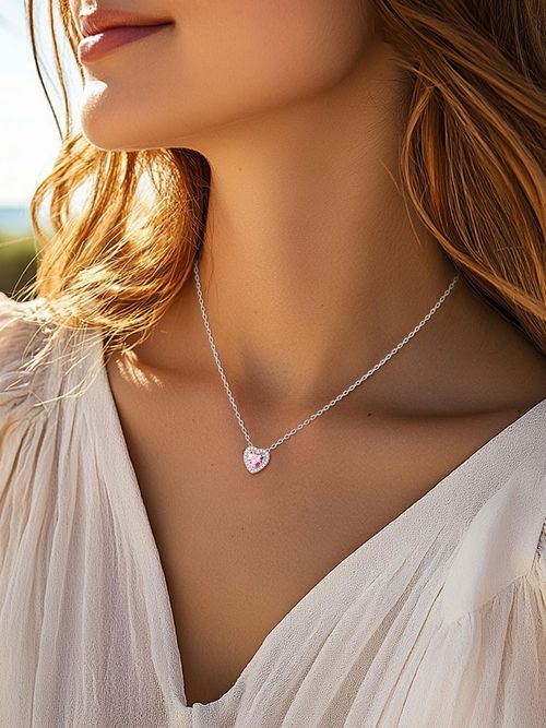 Exquisite heart-shaped birthstone necklace, suitable for mother, girl or lady. Platinum-plated square crystal zirconium pendant with a shining halo as a birthday, anniversary or Valentine's Day gift.