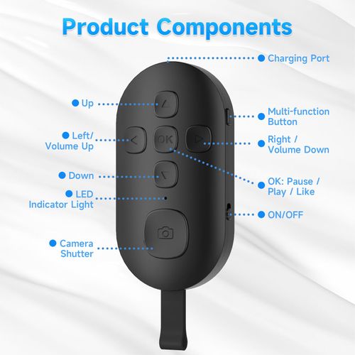 Bluetooth remote control, suitable for e-book page flipping, smartphone camera remote shutter button, rechargeable short video scrolling ring, suitable for smartphones and tablets (black)