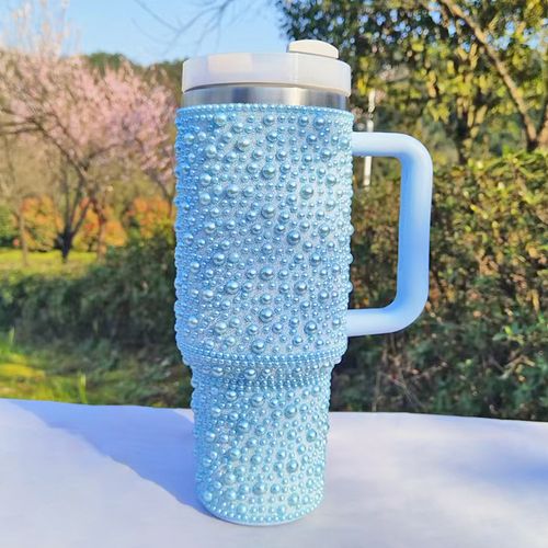 New Pearl Diamond Insulated Cup - 40oz, With Handle, Portable for Car Use - Stainless Steel Insulated Cup, Water Bottle