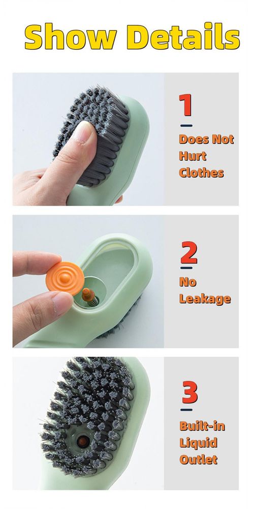 Multi tasking soft bristled brush - gently cleans shoes, laundry rooms, and home surfaces - no damage, easy to use, perfect for delicate items, green