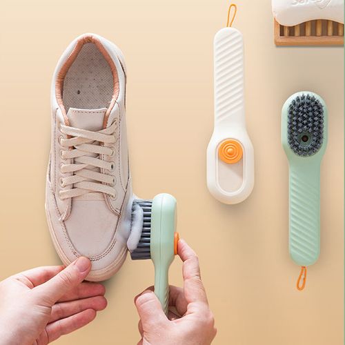 Multi tasking soft bristled brush - gently cleans shoes, laundry rooms, and home surfaces - no damage, easy to use, perfect for delicate items, green