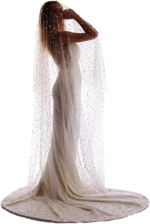 Pearl Wedding Veil Cathedral Pearl Veil 1 Tier Bridal Veils Elegant Non-slip Veils Bride Hair Accessories for Women Bridal Shower Gift Prom  with Comb
