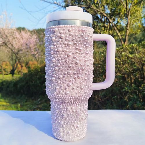 New Pearl Diamond Insulated Cup - 40oz, With Handle, Portable for Car Use - Stainless Steel Insulated Cup, Water Bottle