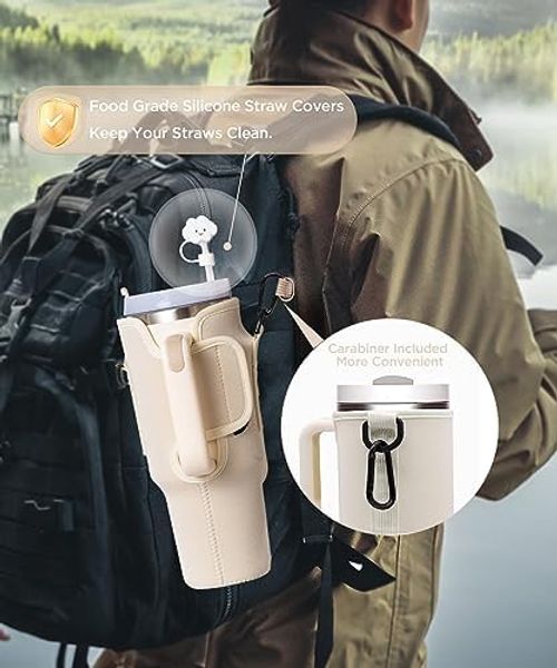 Water bottle bag 40 ounces (approximately 1134.0 grams) with phone bag, water bottle holder bag with adjustable shoulder strap, cup accessory suitable for hiking, travel and camping (beige)