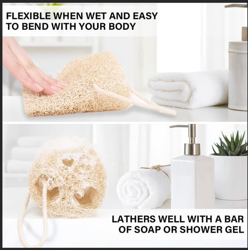 Organic and natural cucumber fibers  Unbleached natural cucumbers  Used for body exfoliation and kitchen cleaning  Eco-friendly bathtub  Shower scrubber  For face, back, tableware  Natural cucumber fibers  5 pieces